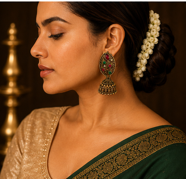 Antique Gold Oval Filigree Jhumka with Red & Green Stones