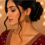 Red Stone Antique Gold Jhumka Earrings with Sun Stud