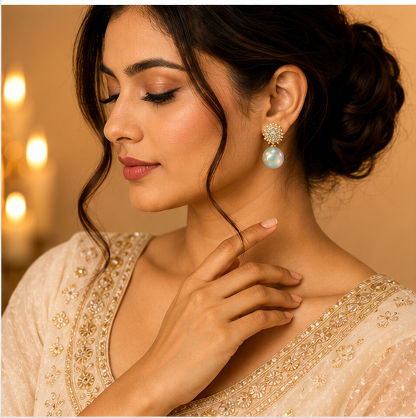 Gold Aurora White Pearl Drop Earrings