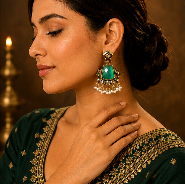 Antique Gold Emerald Green Stone Chandbali with Kundan & Pearls
