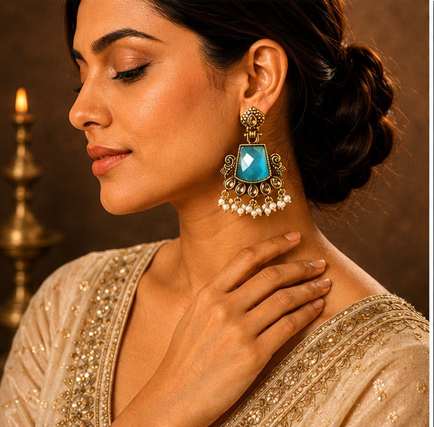 Antique Gold Teal Stone Chandbali with Kundan & Pearl Drops