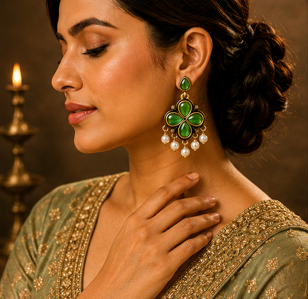 Antique Gold Mint Green Clover Drop Earrings with Pearl Fringe