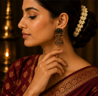 Black Enamel Lotus Jhumka Earrings — Copper Tone