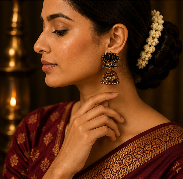 Black Enamel Lotus Jhumka Earrings — Copper Tone
