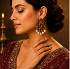 Antique Gold Ruby Clover Drop Earrings with Pearl Fringe