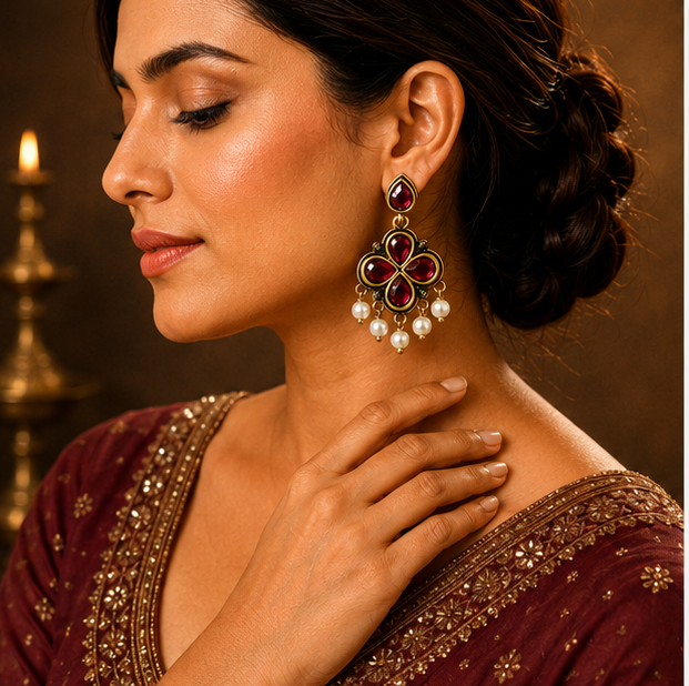 Antique Gold Ruby Clover Drop Earrings with Pearl Fringe