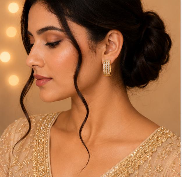 Gold Triple-Row Crystal Huggie Hoop Earrings