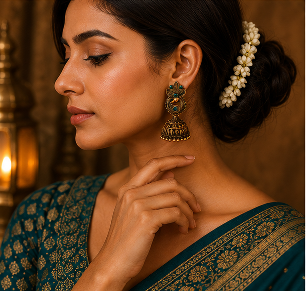 Antique Gold Paisley Peacock Jhumka – Green Stone