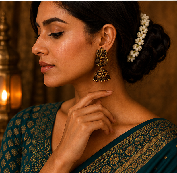 Copper Paisley Peacock Jhumka – Black Stone
