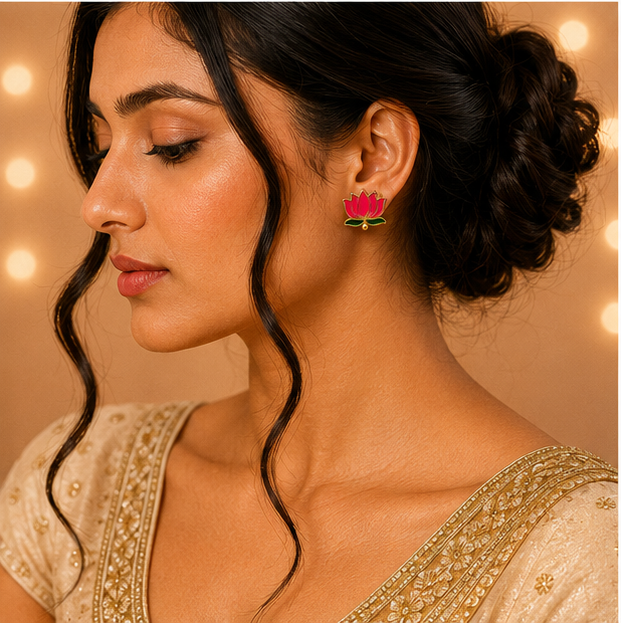 Pink Enamel Lotus Stud Earrings