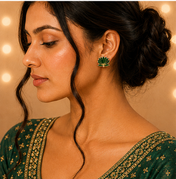 Green Glitter Enamel Lotus Stud Earrings