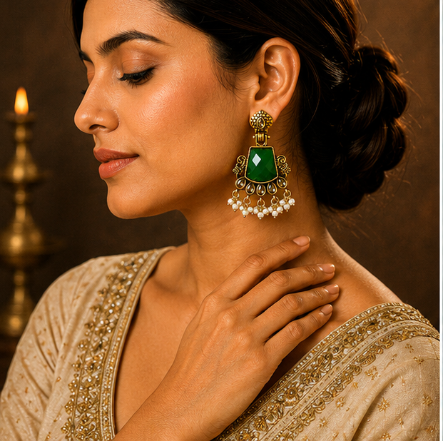 Antique Gold Emerald Green Stone Chandbali with Kundan & Pearl Drops