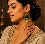 Antique Gold Emerald Green Stone Chandbali with Kundan & Pearl Drops
