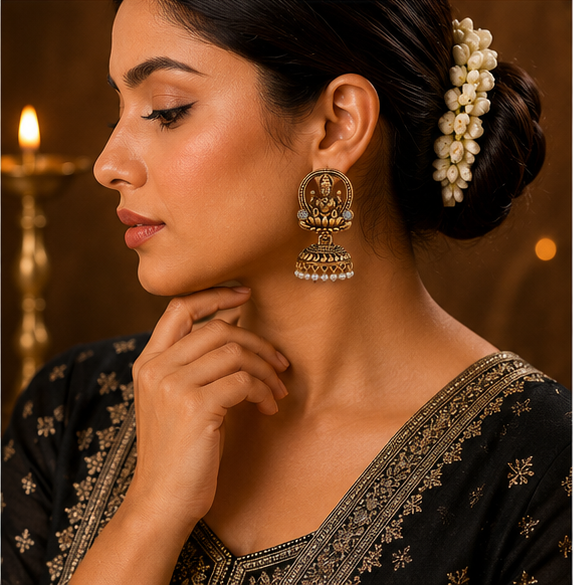 Antique Gold Temple Deity Jhumka with Pearl Drops