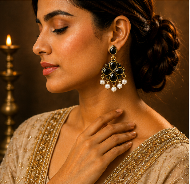 Antique Gold Black Stone Clover Drop Earrings with Pearl Fringe