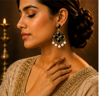 Antique Gold Black Stone Clover Drop Earrings with Pearl Fringe