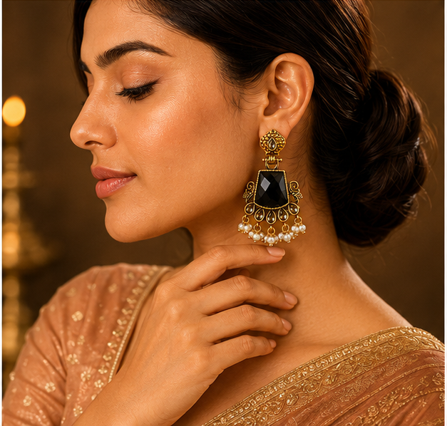 Antique Gold Black Stone Chandbali with Pearl Drops