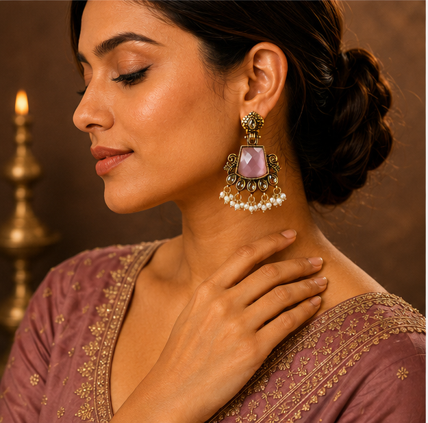 Antique Gold Pink Stone Chandbali with Kundan & Pearl Drops