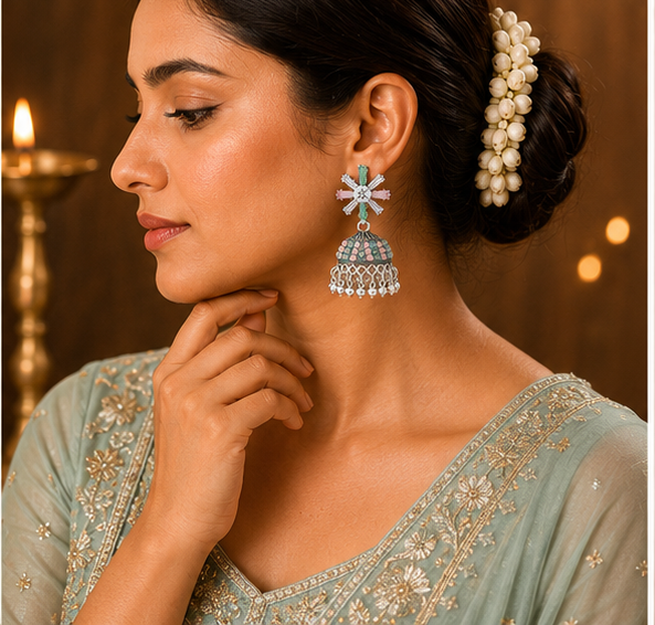 Silver Pastel Crystal Snowflake Stud Jhumka