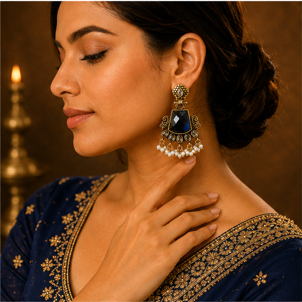 Antique Gold Deep Blue Stone Chandbali with Kundan & Pearls