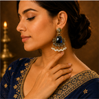 Antique Gold Deep Blue Stone Chandbali with Kundan & Pearls