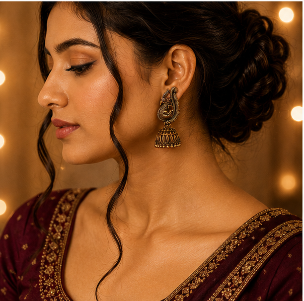 Oxidised Copper Peacock Jhumka with Brown Stone