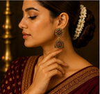 Antique Gold Flower Stud Dual-Stone Dome Jhumka