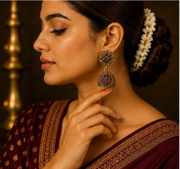Antique Gold Flower Stud Dual-Stone Dome Jhumka