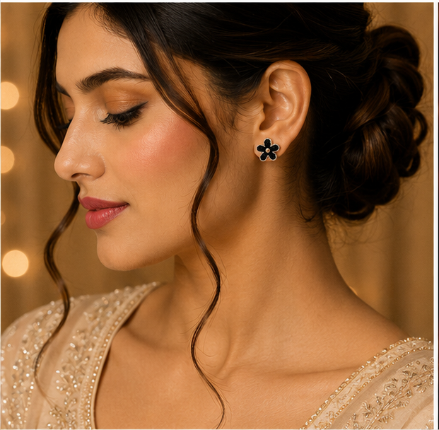 Rose Gold Black Floral Stud Earrings