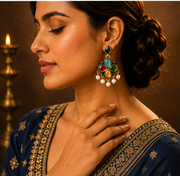 Antique Gold Multicolour Clover Drop Earrings with Pearl Fringe