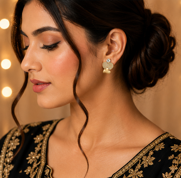 Gold Twin-Heart Pavé Crystal Stud Earrings
