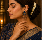 Navy Blue Enamel Lotus Jhumka Earrings