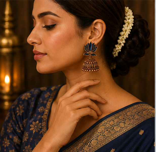 Navy Blue Enamel Lotus Jhumka Earrings