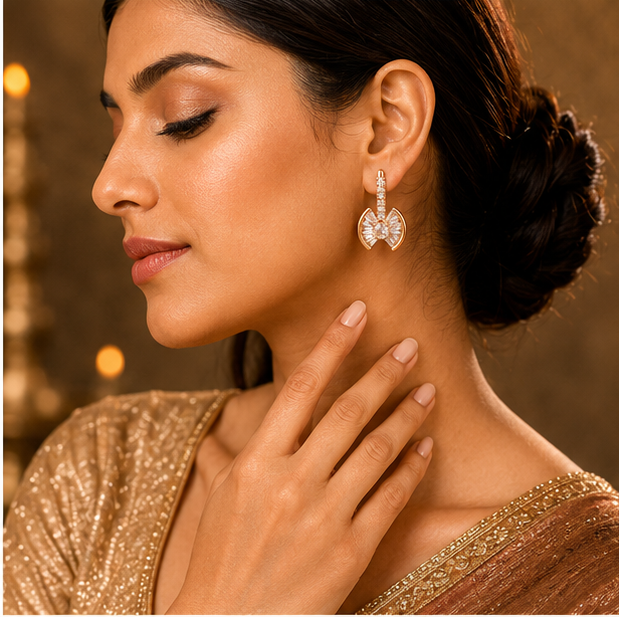 Rose Gold Bow Crystal Leverback Drop Earrings