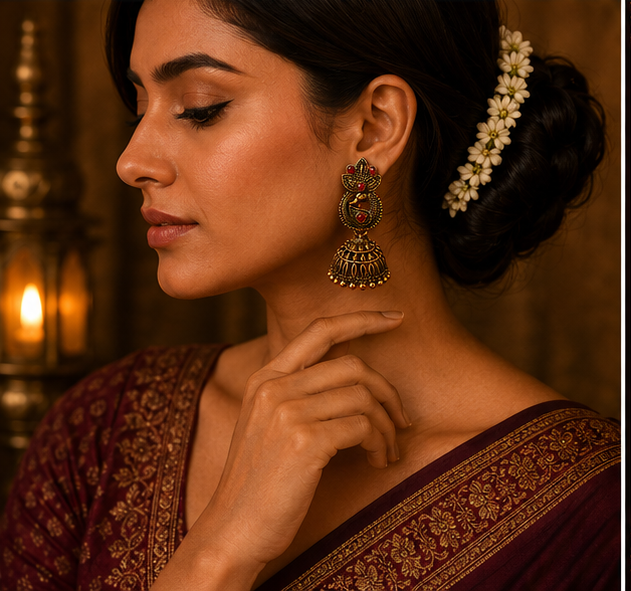 Copper Paisley Peacock Jhumka – Red Stone
