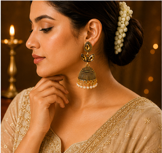 Antique Copper Smoky Crystal Leaf Stud Jhumka with Pearls