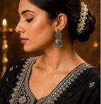 Oxidised Silver Paisley Jhumka Earrings with Ball Fringe