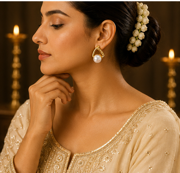 Gold Twisted Arc Pearl Stud Earrings