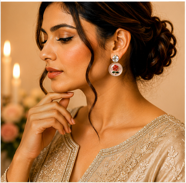 Gold Rose Medallion Drop Earrings – Blush Pink