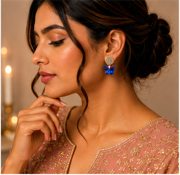 Gold Sapphire Butterfly Crystal Earrings