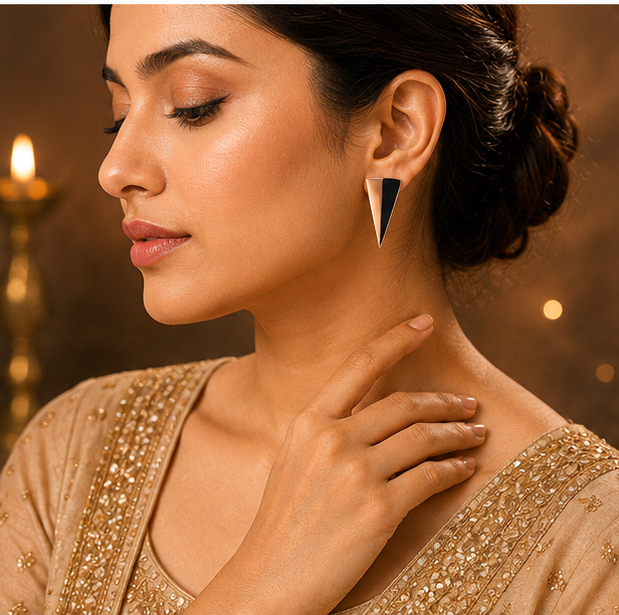 Rose Gold & Black Enamel Triangle Stud Earrings