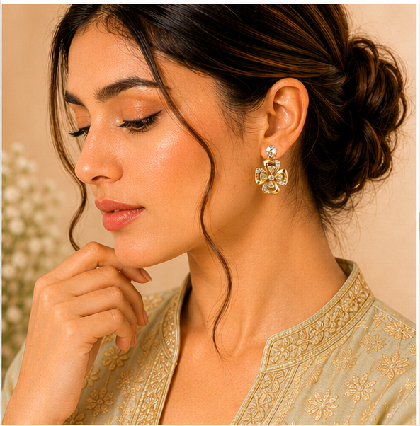 Gold Crystal Floral Drop Earrings
