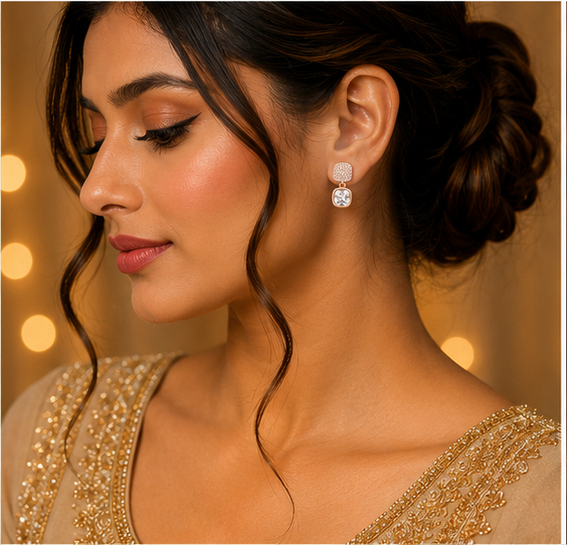Rose Gold Cushion Crystal Drop Earrings