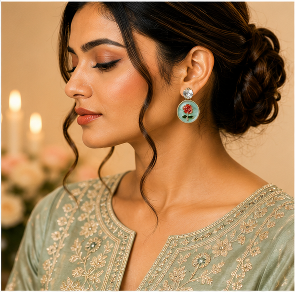Gold Rose Medallion Drop Earrings – Mint Green