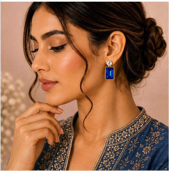 Gold Sapphire Blue Crystal Drop Earrings