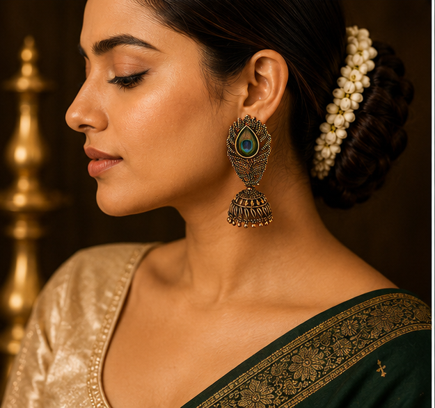 Antique Gold Peacock Feather Jhumka with Real Feather Inlay