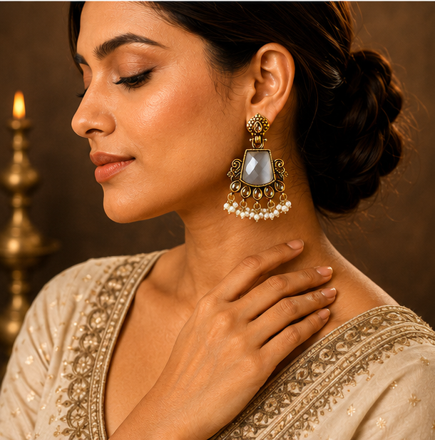 Antique Gold Grey Stone Chandbali with Kundan & Pearl Drops