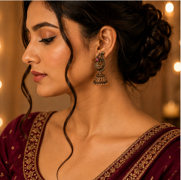 Oxidised Copper Peacock Jhumka with Pink Stone