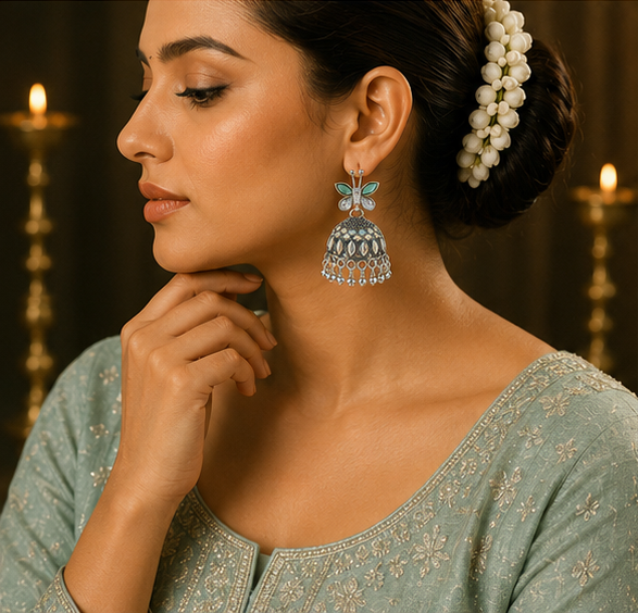 Oxidised Silver Green Butterfly Stud Aurora Jhumka
