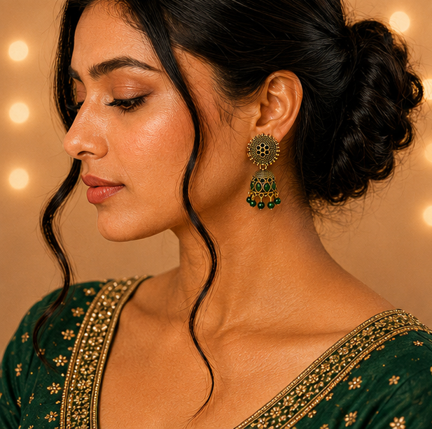 Green Stone Antique Gold Jhumka Earrings with Sun Stud